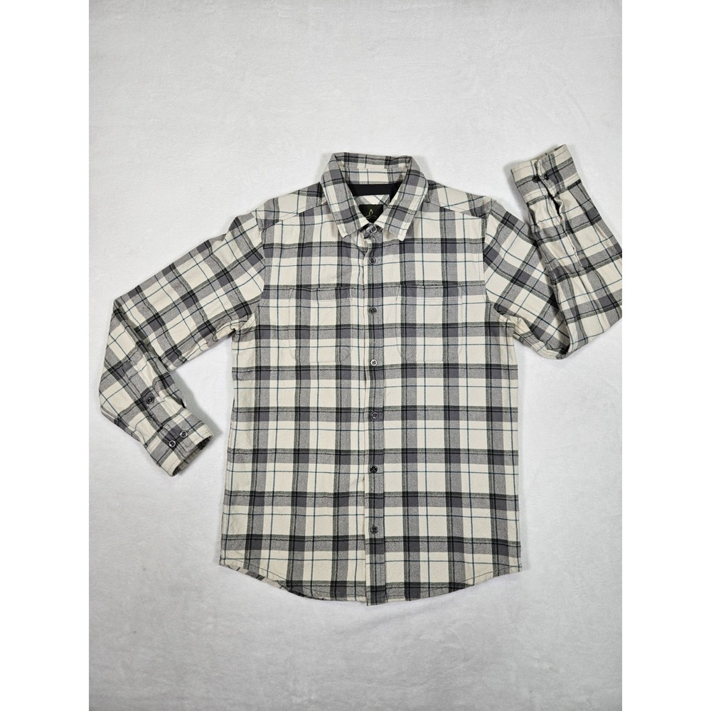 Prana Shirt Mens‎ Small Button Up Green Beige Flannel Shacket Heavy Outdoor Work